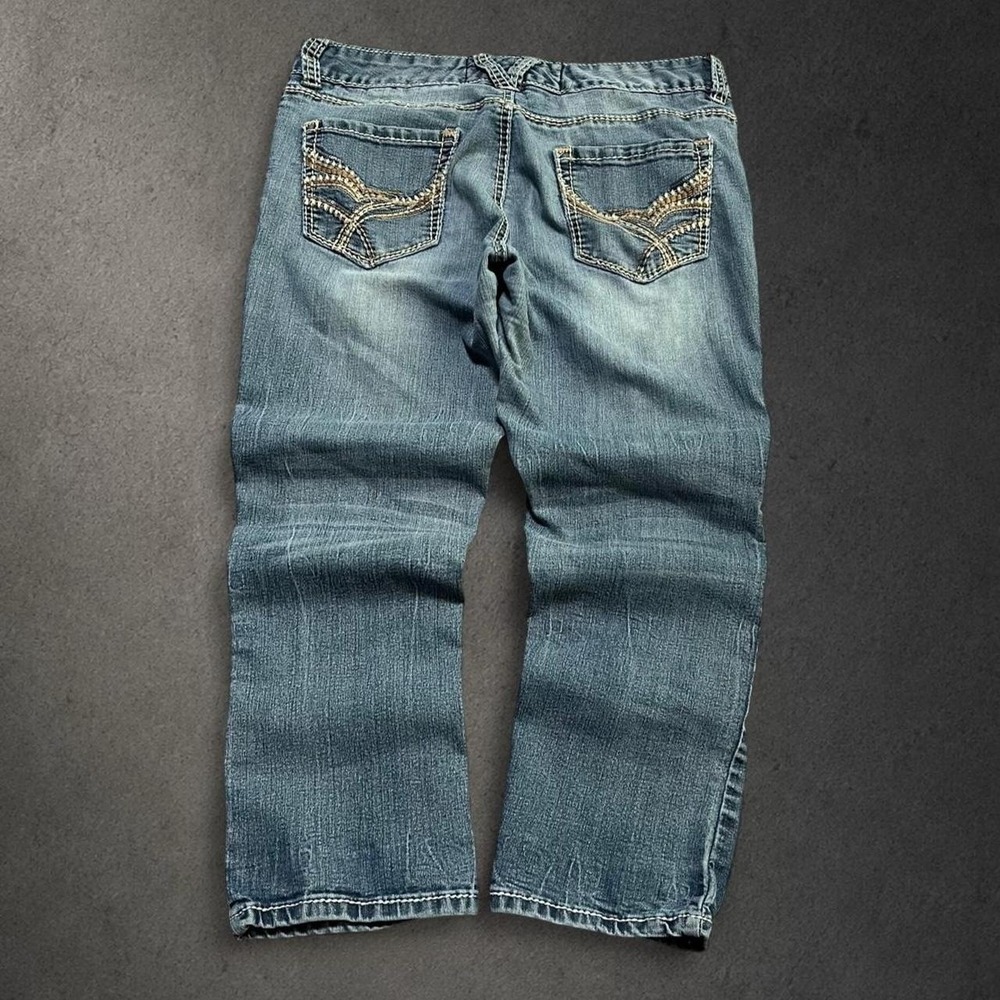 Y2K 2000s Low Rise Faded Blue‎ Embroidered Western Grunge Denim Cropped Jeans